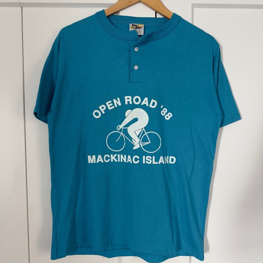 Vintage 80s Mens Large Velva Sheen Henley Shirt Blue Mackinac Island Biking Tee
